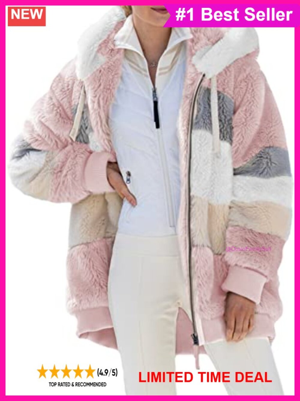 Fuzzy Fleece Hooded Color Block Patchwork Zip Cardigan Coat with Pockets
